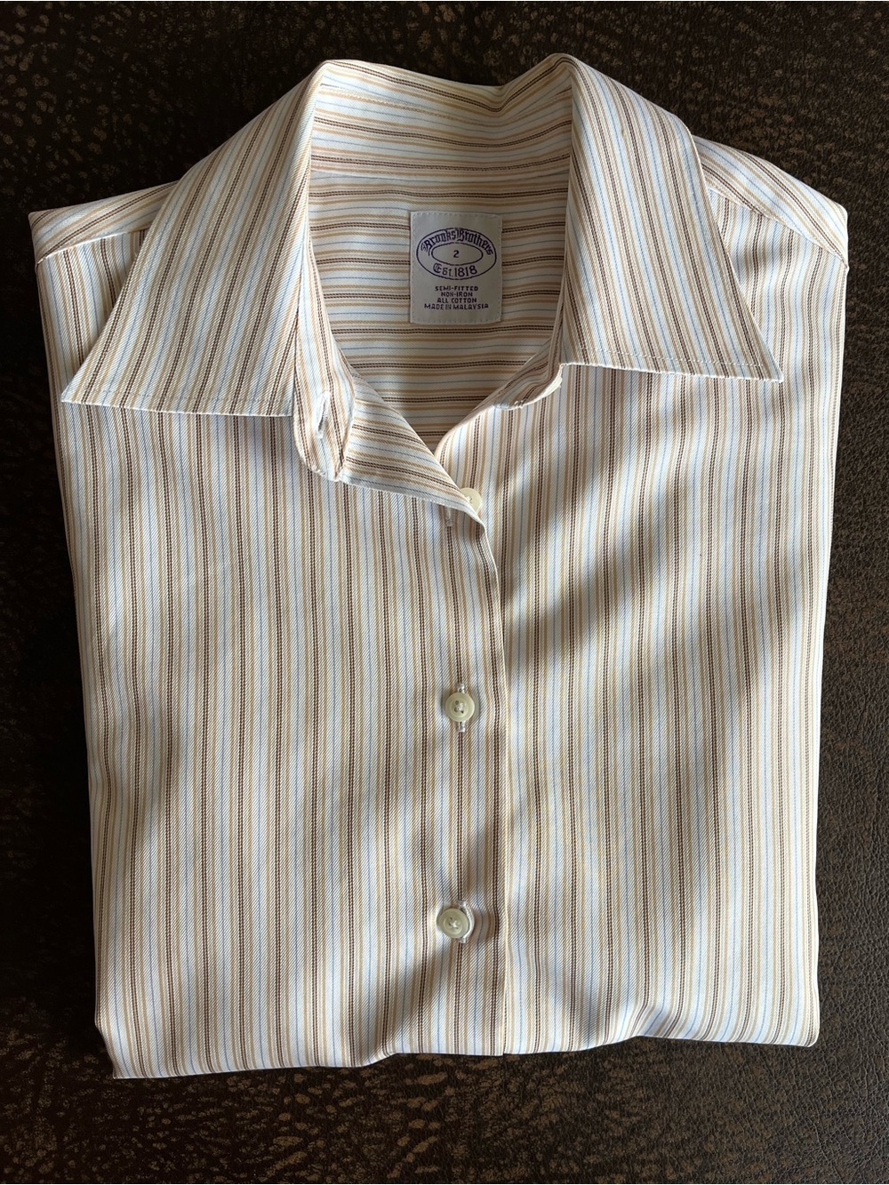 Brooks Brothers Striped Button-Down Shirt with Brown Tan Stripes Size 2 EUC - Picture 2 of 5